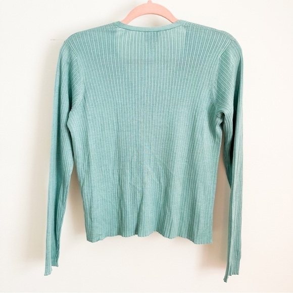 Eileen Fisher Blue Green Silk Linen Blend ribbed V Neck Cardigan Sweater XS - Picture 5 of 6